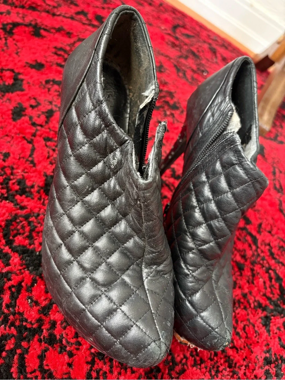 Women’s Black Quilted High Heel Ankle Booties with Side Zip